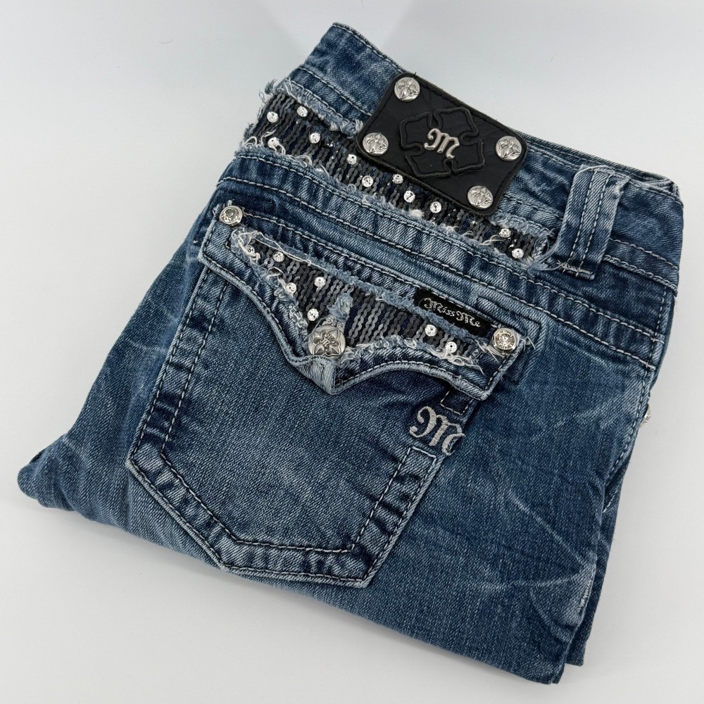 Miss Me Bootcut Jeans Womens 32 Blue Denim Embellished Flap Pocket JE5392B2R